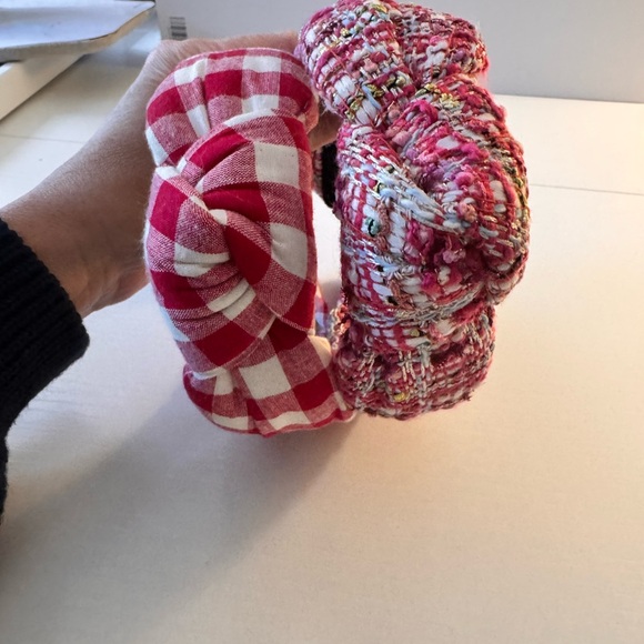 Set of Two Lele Sadoughi Headband Crowns Pink Tweed and Red Gingham - Picture 4 of 5
